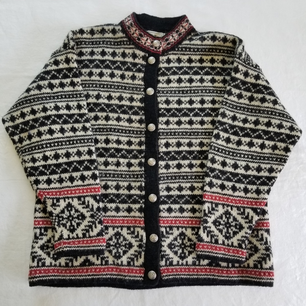 Vintage L.L. Bean Black Cream Fair Isle Nordic Wool Cardigan Sweater USA Medium